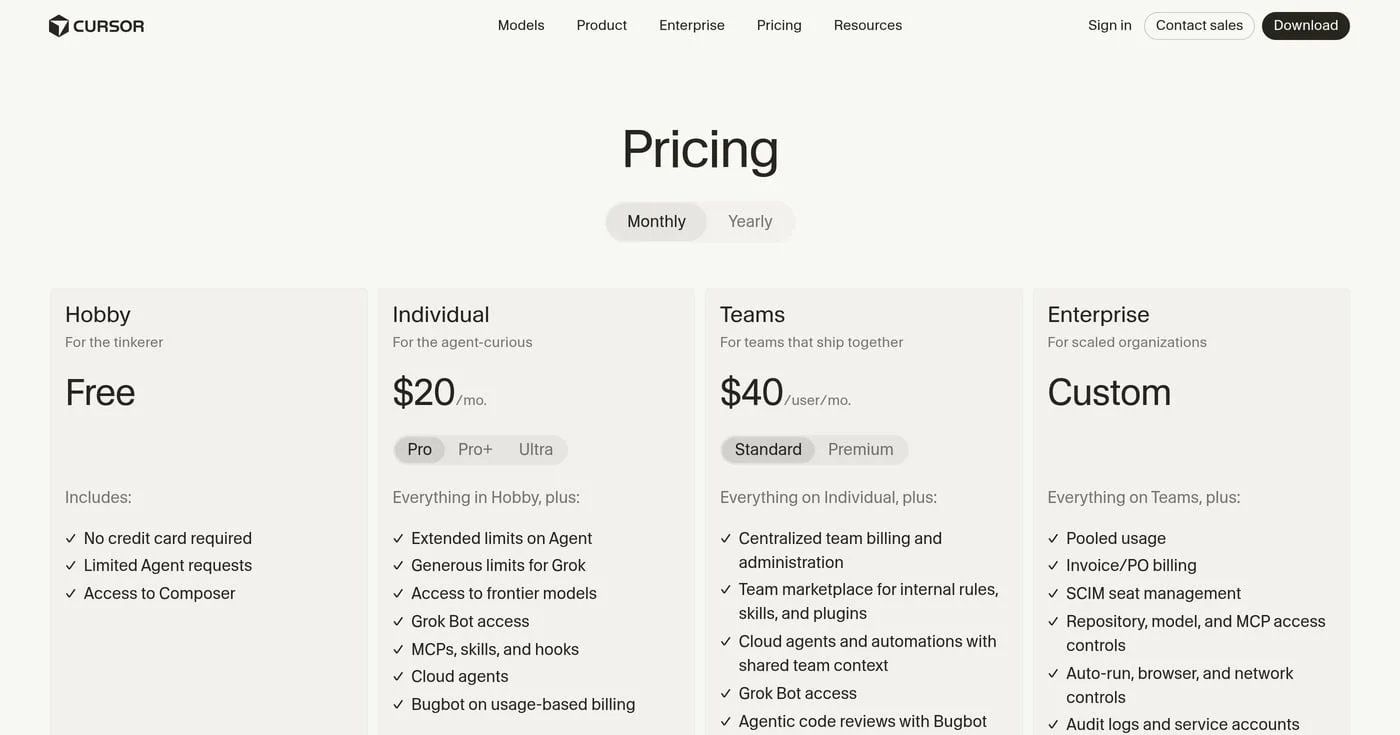 Cursor pricing page showing Hobby Free, Individual $20, Teams $40, and Enterprise Custom